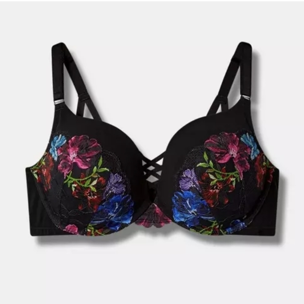 TORRID CURVE Women's Elegant Black Bra with Vibrant Floral Accents Size 42DD